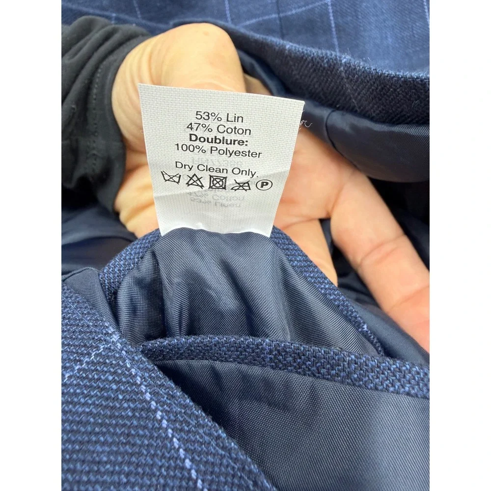 J.Crew Thompson Blazer Mens 38R Navy Blue plaid Linen Cotton Sport Coat H5117